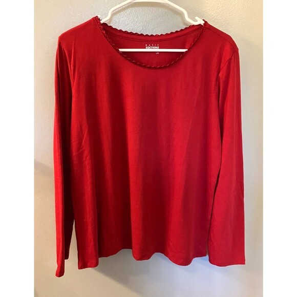 Basic Edition Tops - Basic Edition Womens Long Sleeve Red Tee with Decorative Neckline Large